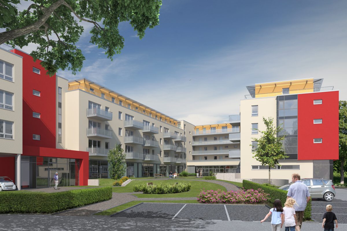 Visualisierung eines modernen Pflegeheims mit Balkonen und begrüntem Innenhof.
