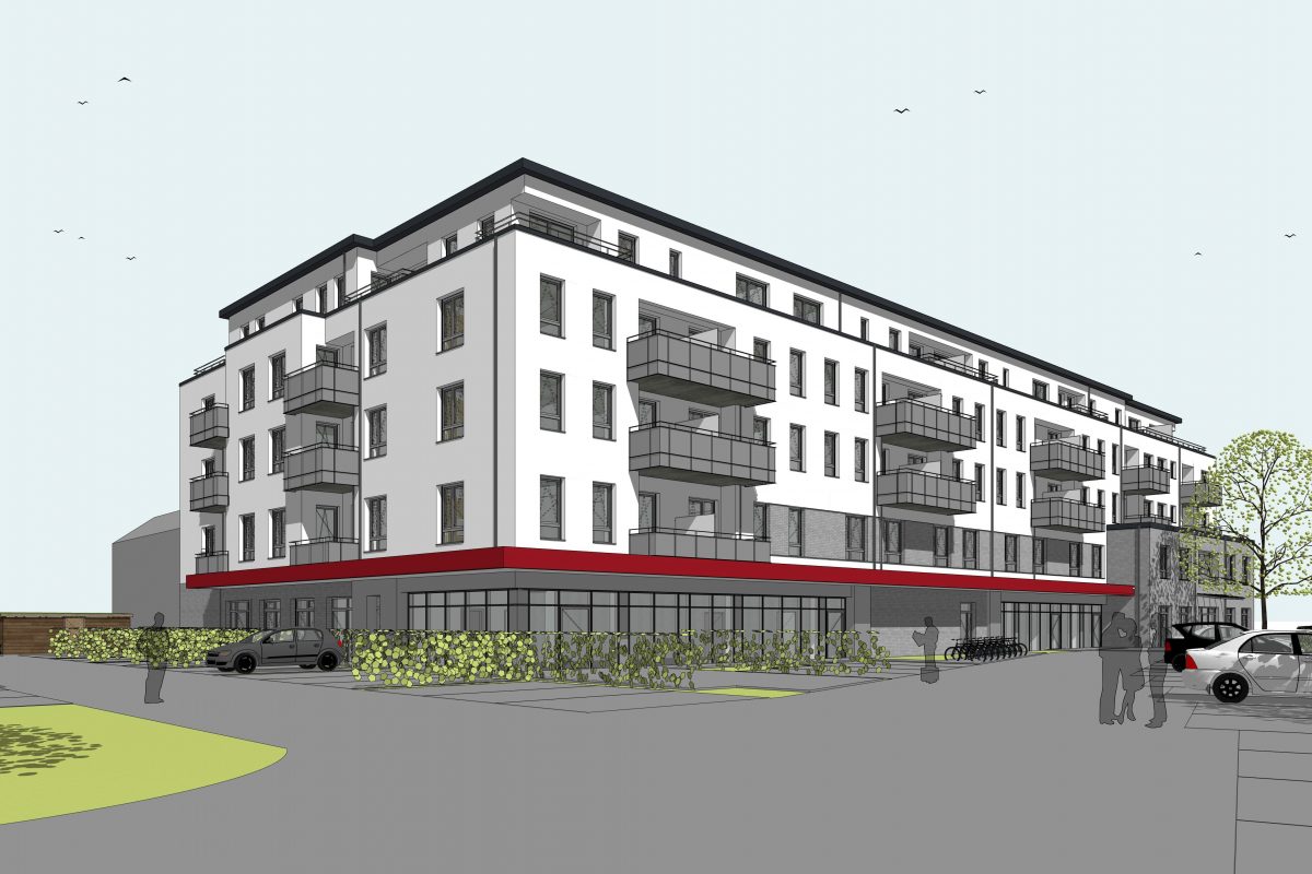 Visualisierung eines Wohn- und Geschäftshauses mit roten Akzenten.