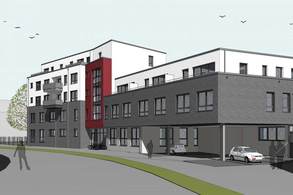 Visualisierung eines Wohnkomplexes mit rotem Eingangsbereich und Carports.