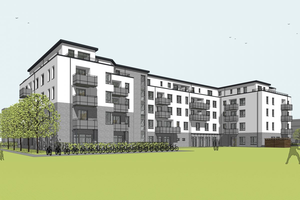 Visualisierung eines großen Wohngebäudes mit Balkonen und Fahrradständern.