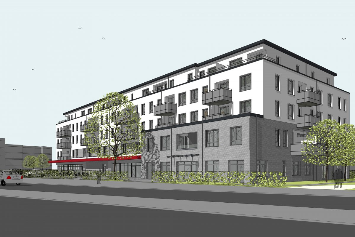 Visualisierung eines mehrgeschossigen Wohnkomplexes mit Balkonen.