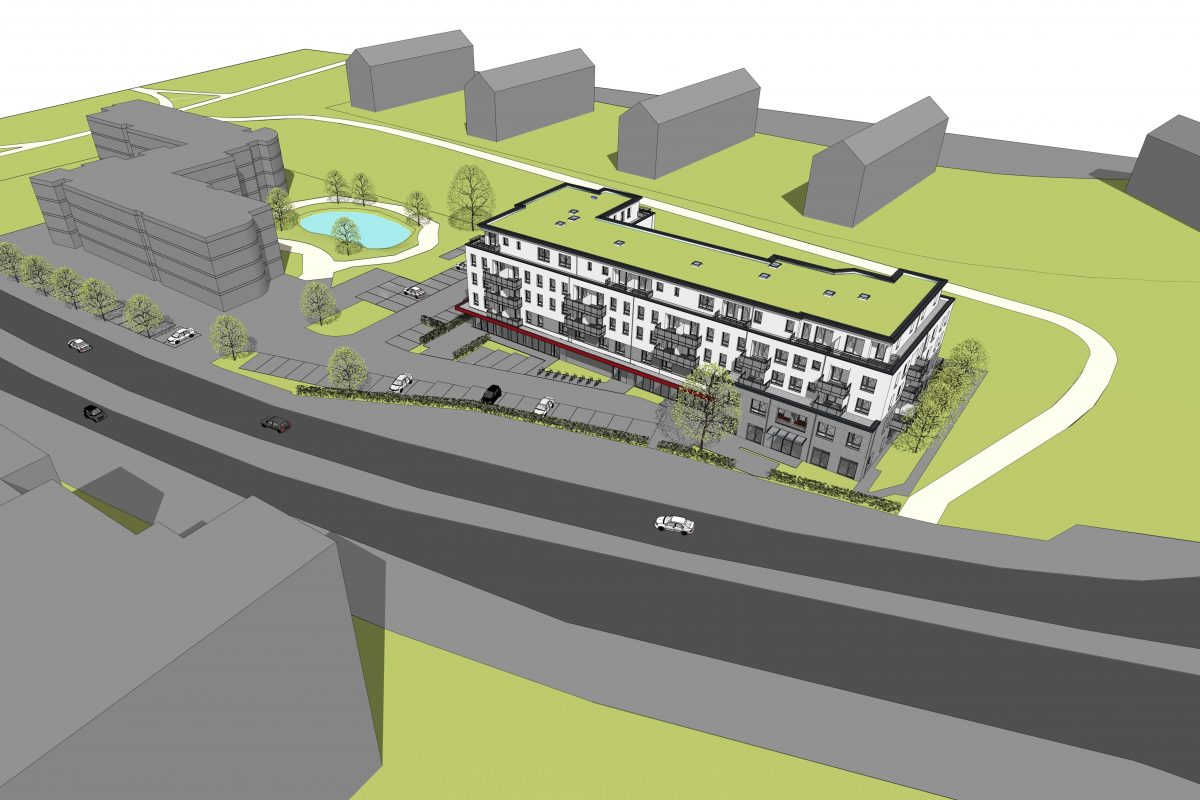 Visualisierung eines Wohn- und Geschäftshauses mit grünem Flachdach.