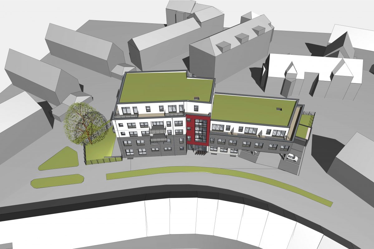 Visualisierung eines modernen Wohngebäudes mit begrüntem Flachdach.