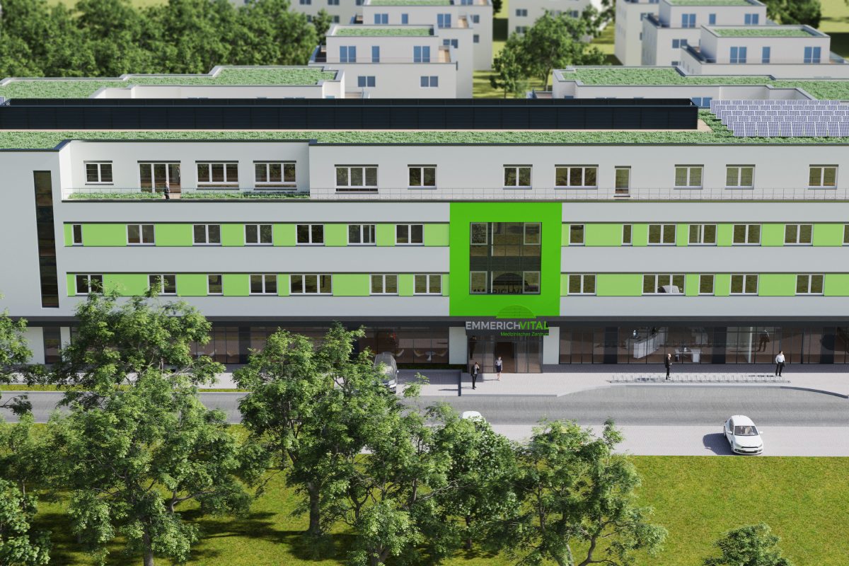Visualisierung eines modernen Klinikgebäudes mit grüner Fassade.