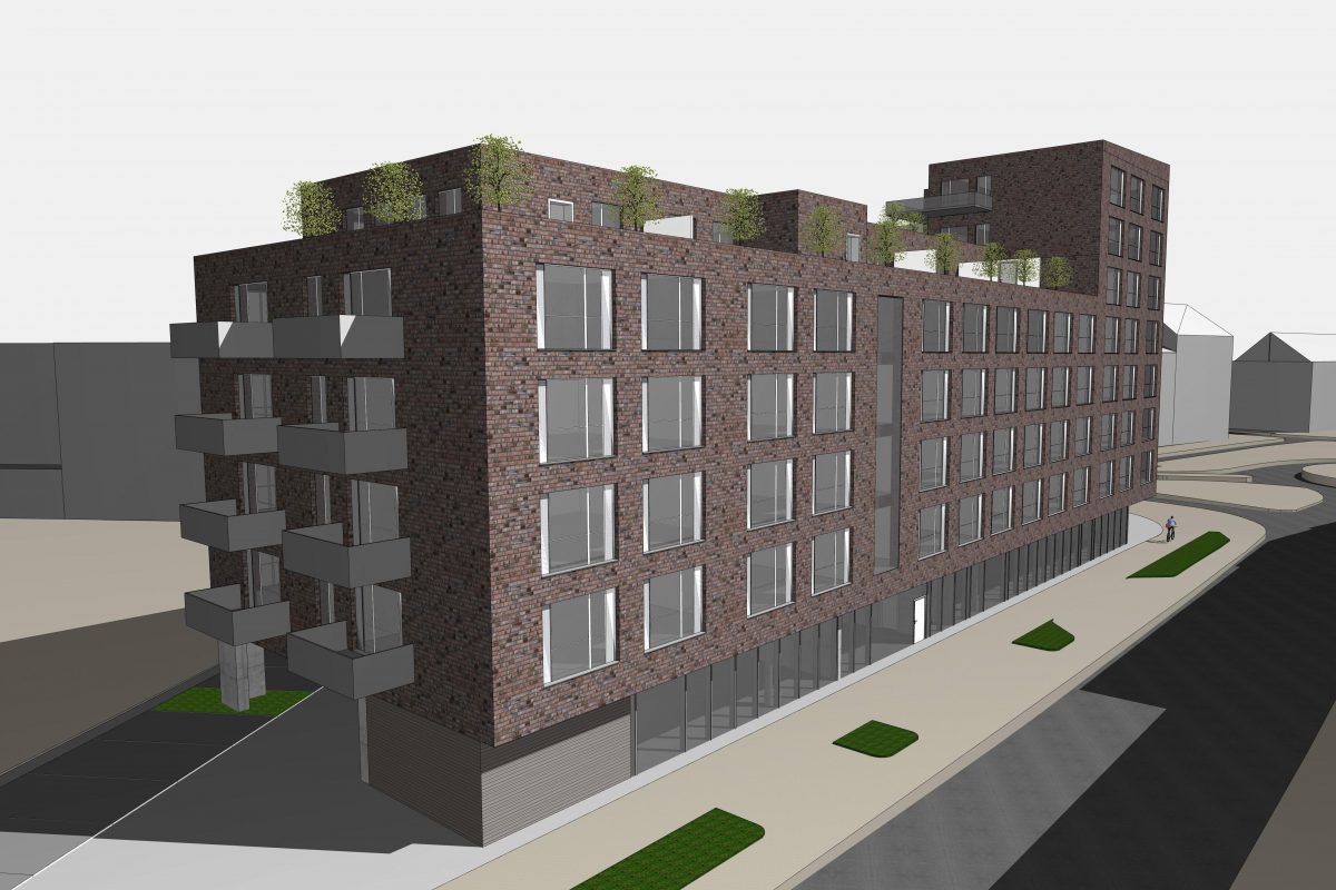 Visualisierung eines modernen Backsteinbaus mit Balkonen und Begrünung.