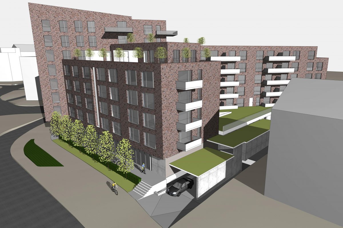 Visualisierung eines Wohnkomplexes mit Tiefgaragenzufahrt und Dachbegrünung.