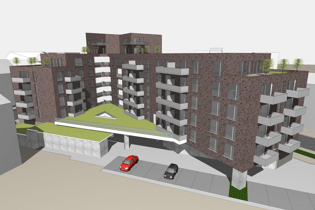 Visualisierung eines winkelförmigen Backsteinbaus mit begrüntem Vordach.