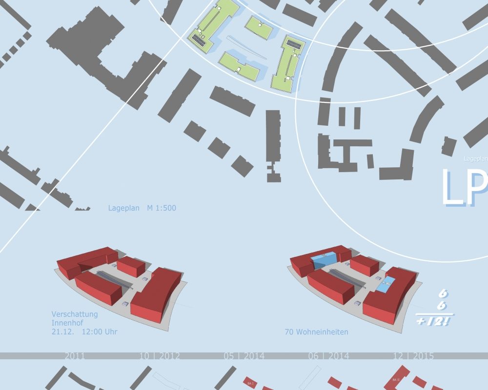 Lageplan mit Umgebungsbebauung und 3D-Modellen geplanter Gebäude        ChatGPT fragen
