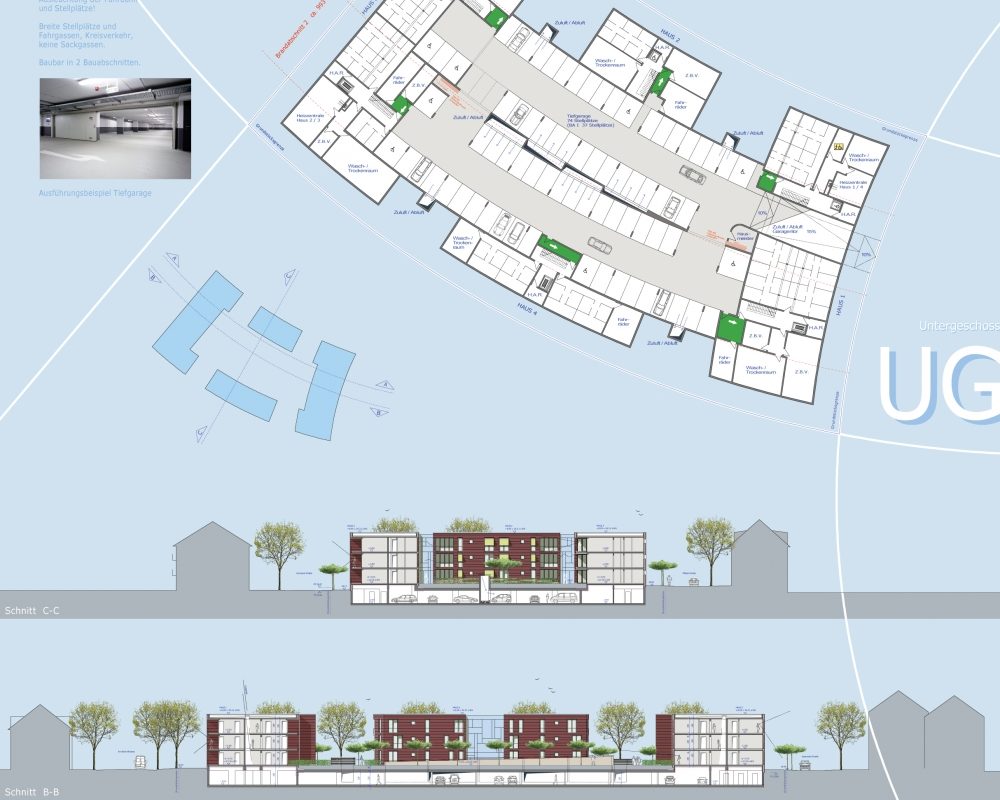Architekturplan mit Tiefgaragengrundriss und Gebäudeschnitten in Farbe