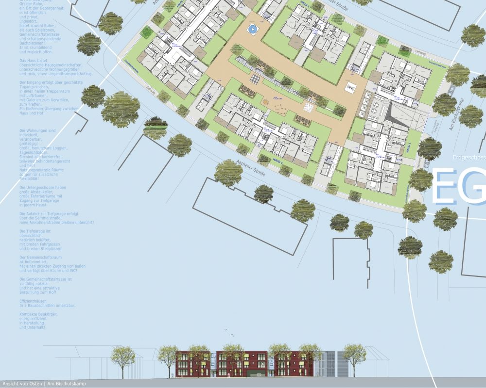 Lageplan mit Erdgeschossgrundrissen, Grünflächen und Baumstandorten