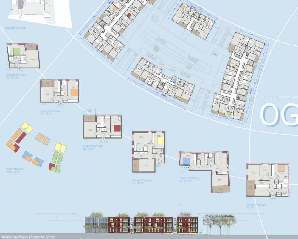 Architekturplan mit Grundrissen mehrerer Gebäude auf blauem Hintergrund
