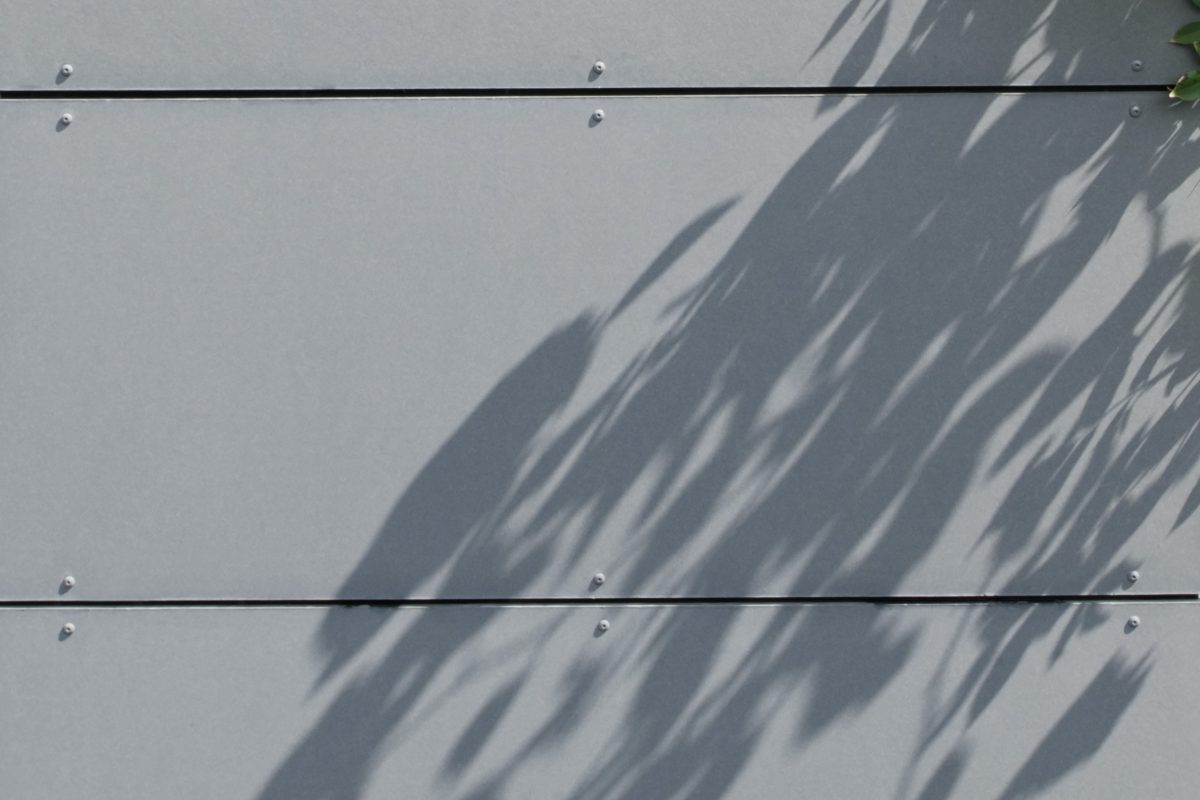 Schatten von Blättern auf grauer Vorhangfassade mit sichtbaren Schrauben.