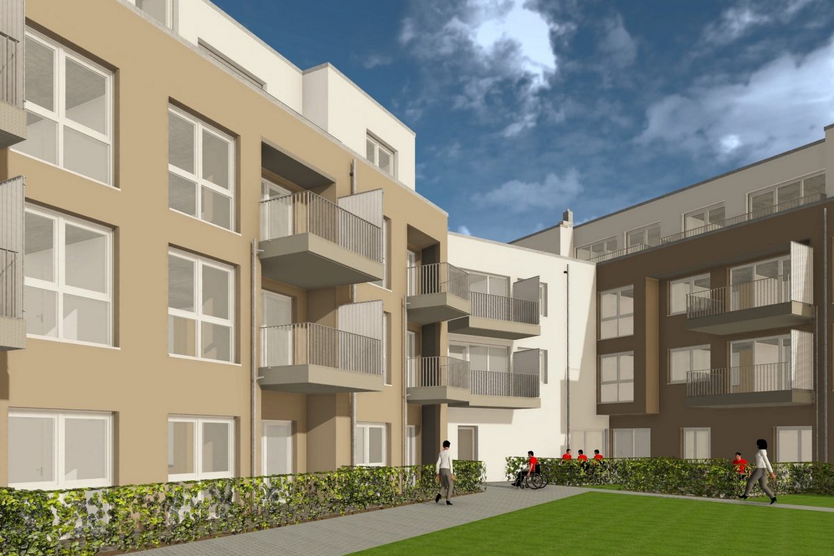 Animation Innenecke barrierefreies Mehrfamilienhaus mit Grünanlage