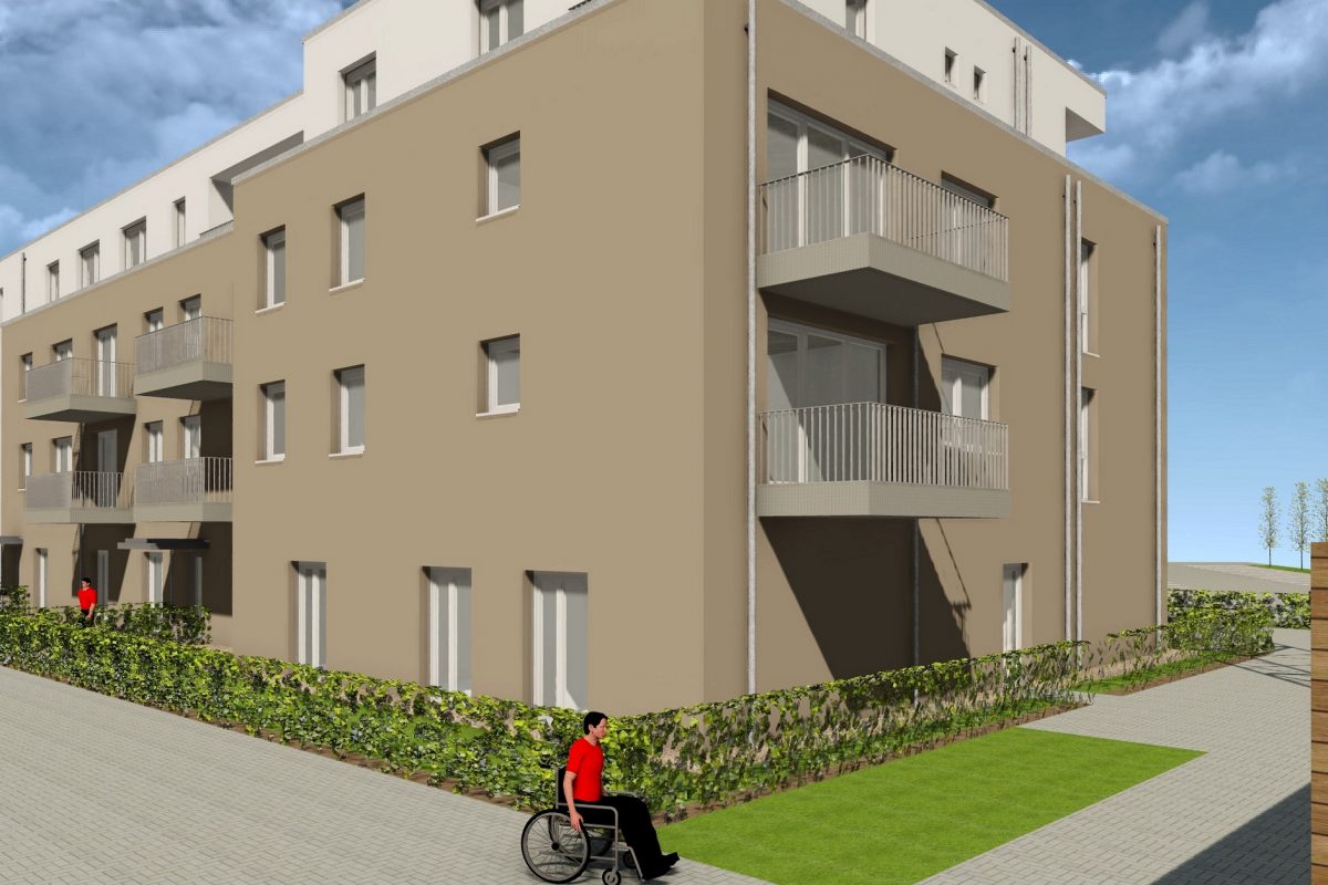 Animation Rollstuhlfahrer vor barrierefreiem Mehrfamilienhaus