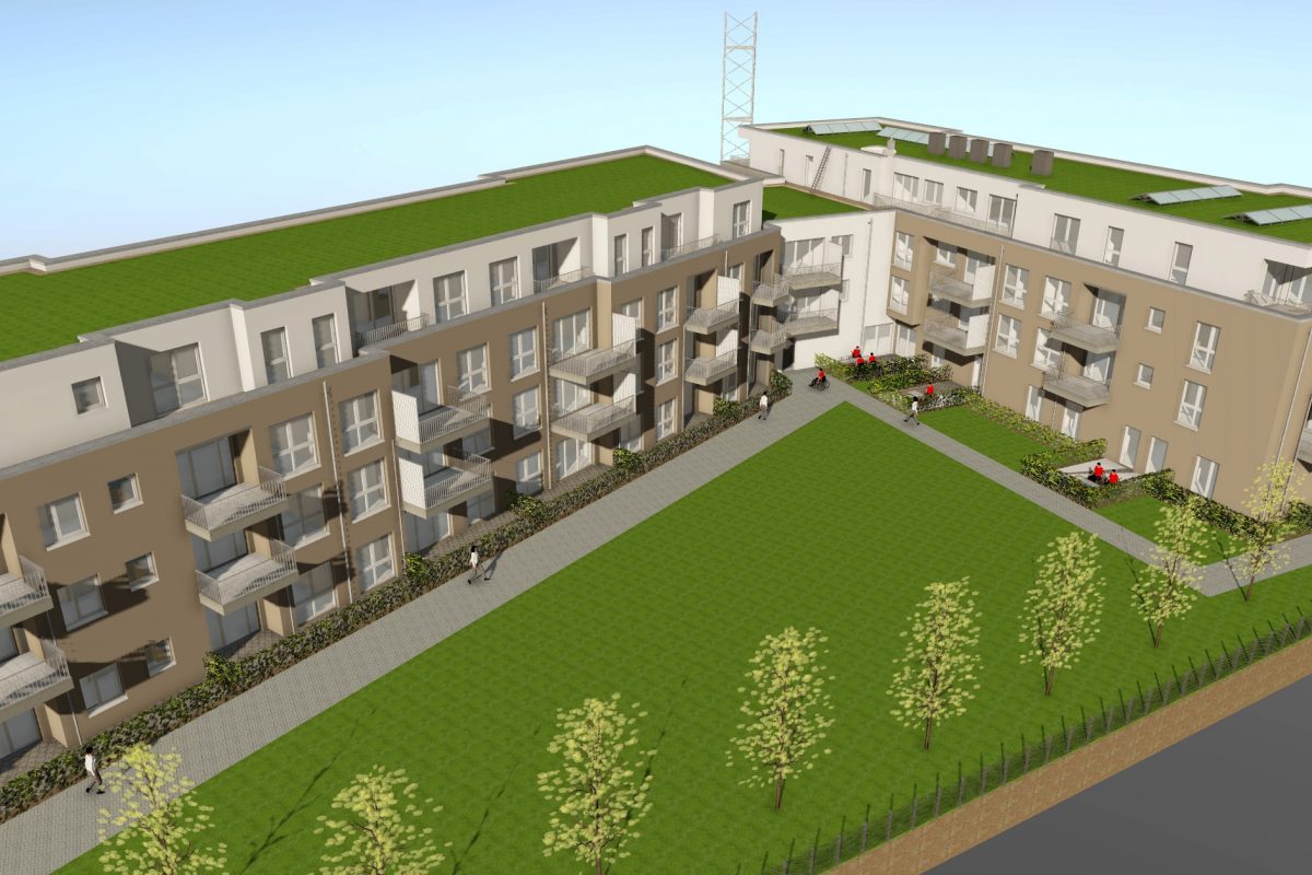 Animation Innenhof barrierefreies Mehrfamilienhaus mit Grünanlage