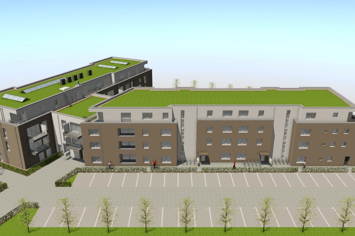 Animation Stellplatzanlage vor barrierefreiem Mehrfamilienhaus