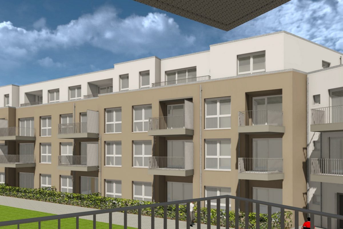 Animation Innenhof barrierefreies Mehrfamilienhaus mit Grünanlage