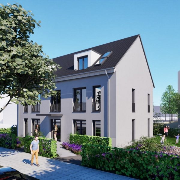 Modernes Wohnhaus mit Garten, umgeben von Bäumen, Menschen und Blumen.